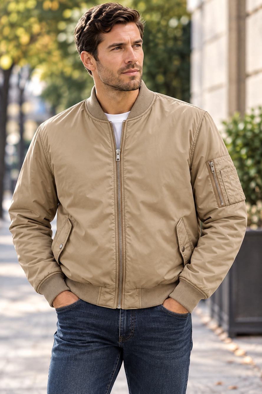 Topman Men's Medium Bomber Jacket Tan 2-in-1 Removable Zip In Vest Liner Utility